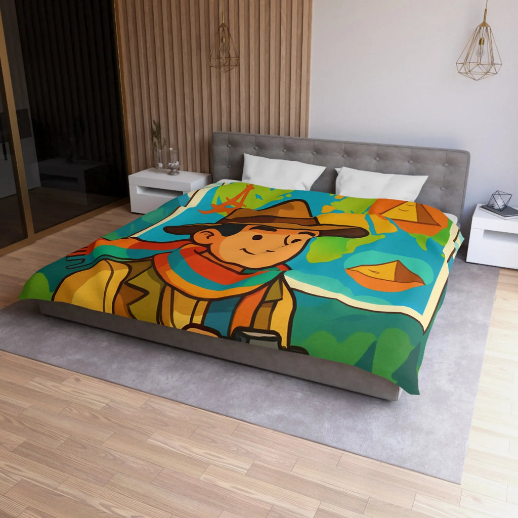 Housse de Couette Aventure Monde Carte Explorateur avec Illustrations Colorées et Éléments Culturels