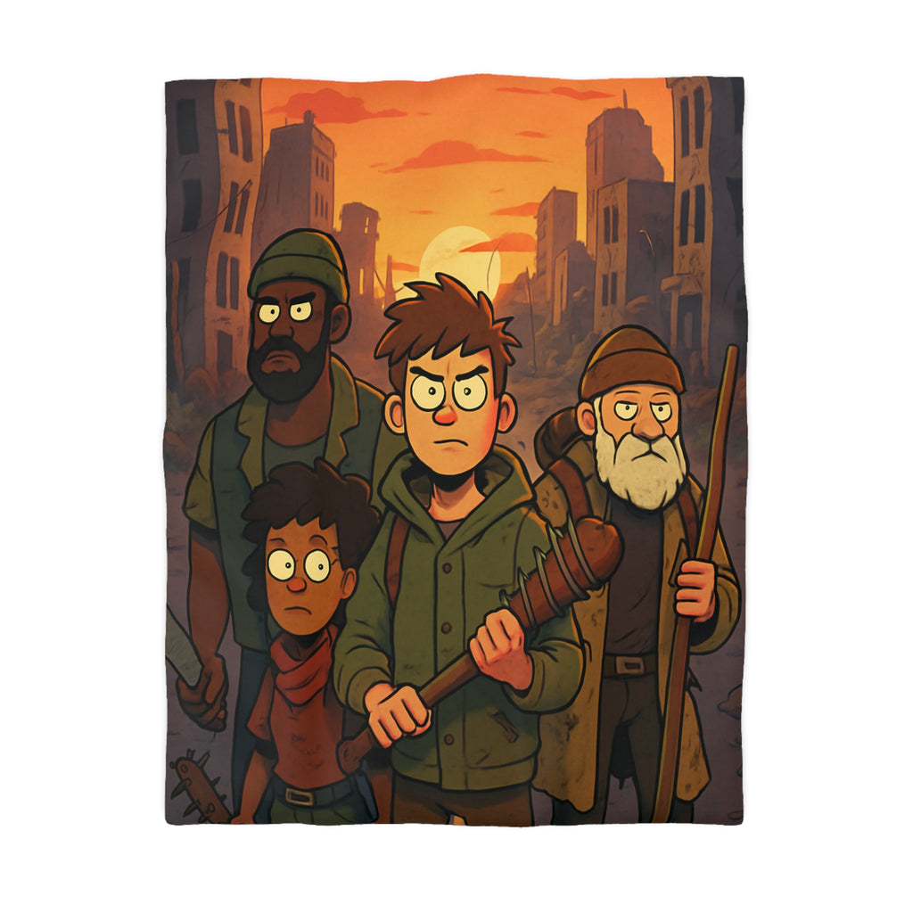 Parure de lit aventure urbaine avec ciel crépusculaire et bâtiments en ruines