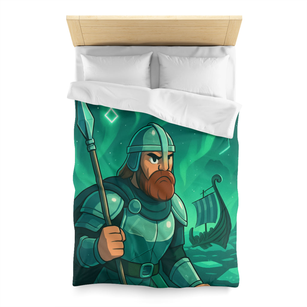 Housse de Couette Viking Vert Émeraude avec Guerrier et Aurores Boréales pour Chambre