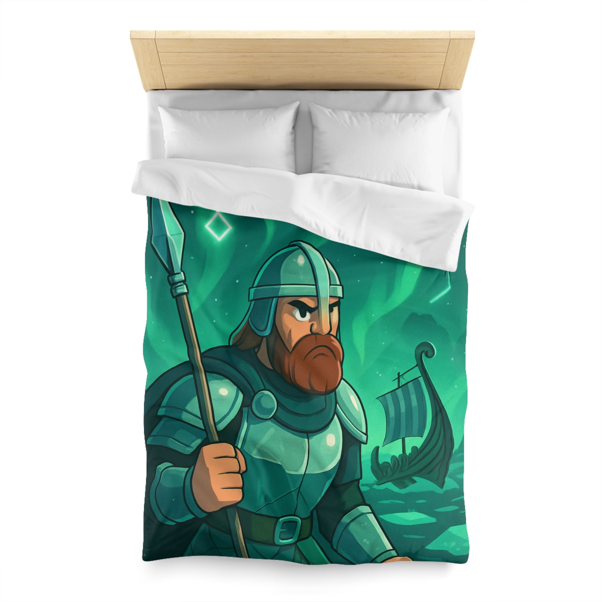 Housse de Couette Viking Vert Émeraude avec Guerrier et Aurores Boréales pour Chambre