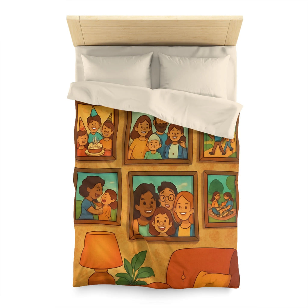 Housse de Couette Famille Heureuse avec Cadres Photo et Éléments Vintage pour Chambre