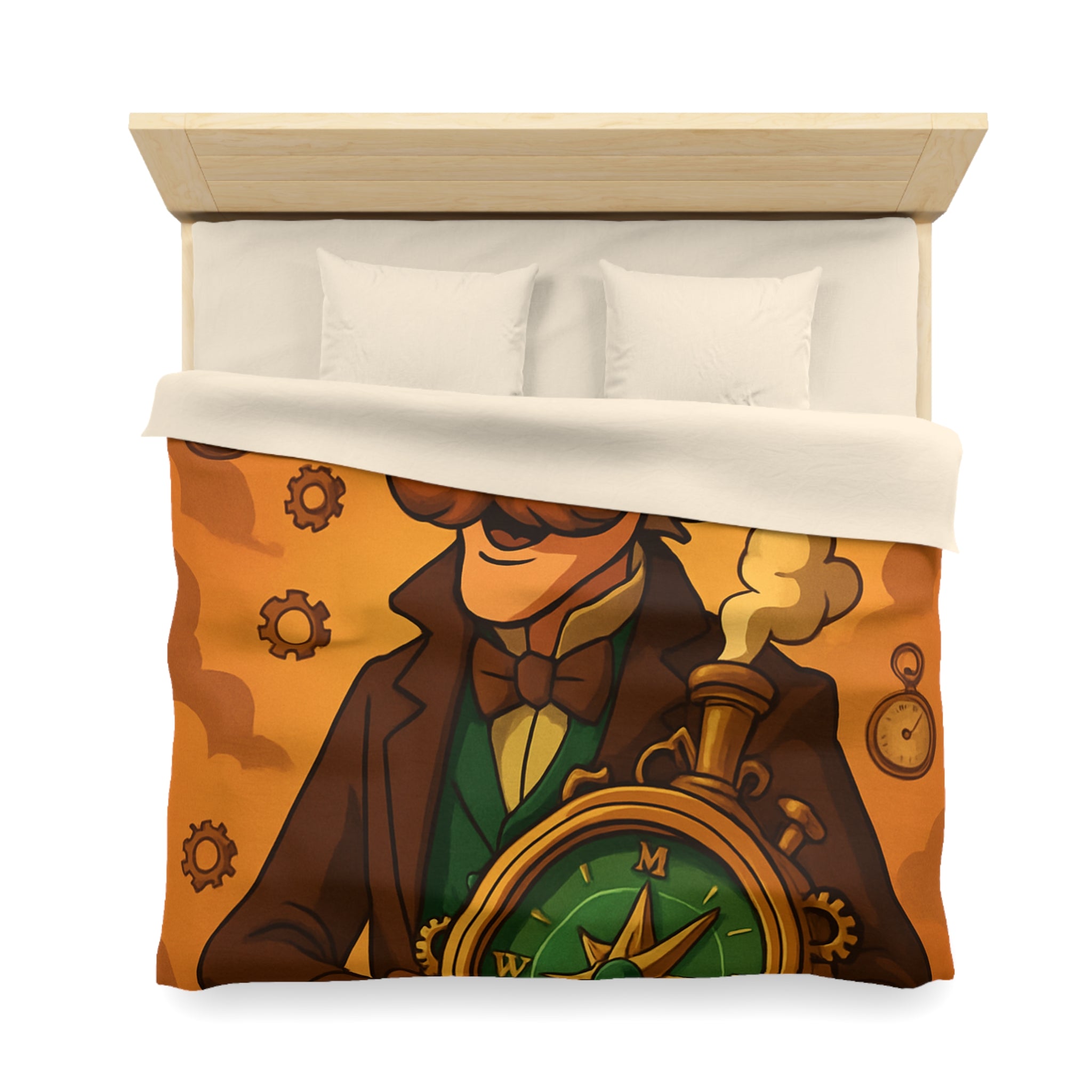 Housse de Couette Steampunk Vintage avec Boussole, Savant et Montgolfières sur Fond Sépia