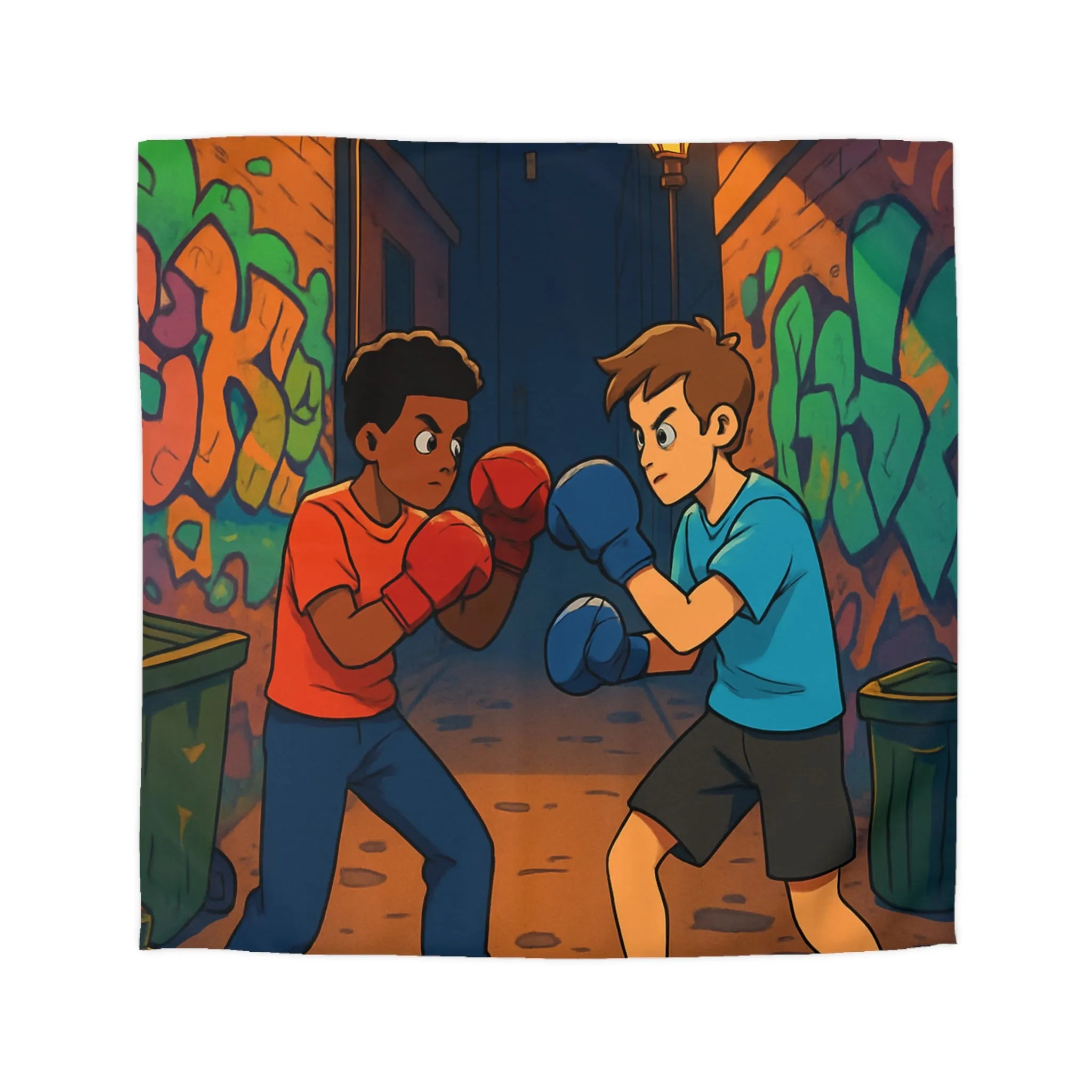 Housse De Couette Boxe Enfantine Nuit Sur Rue Graffitée Avec Lampadaires Illuminés