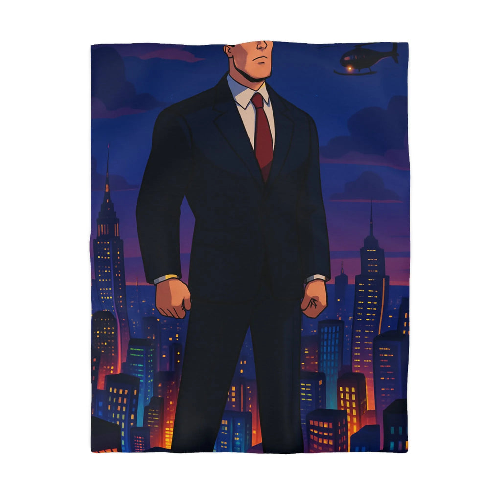 Héros musclé en costume noir observant la ville illuminée au crépuscule animé