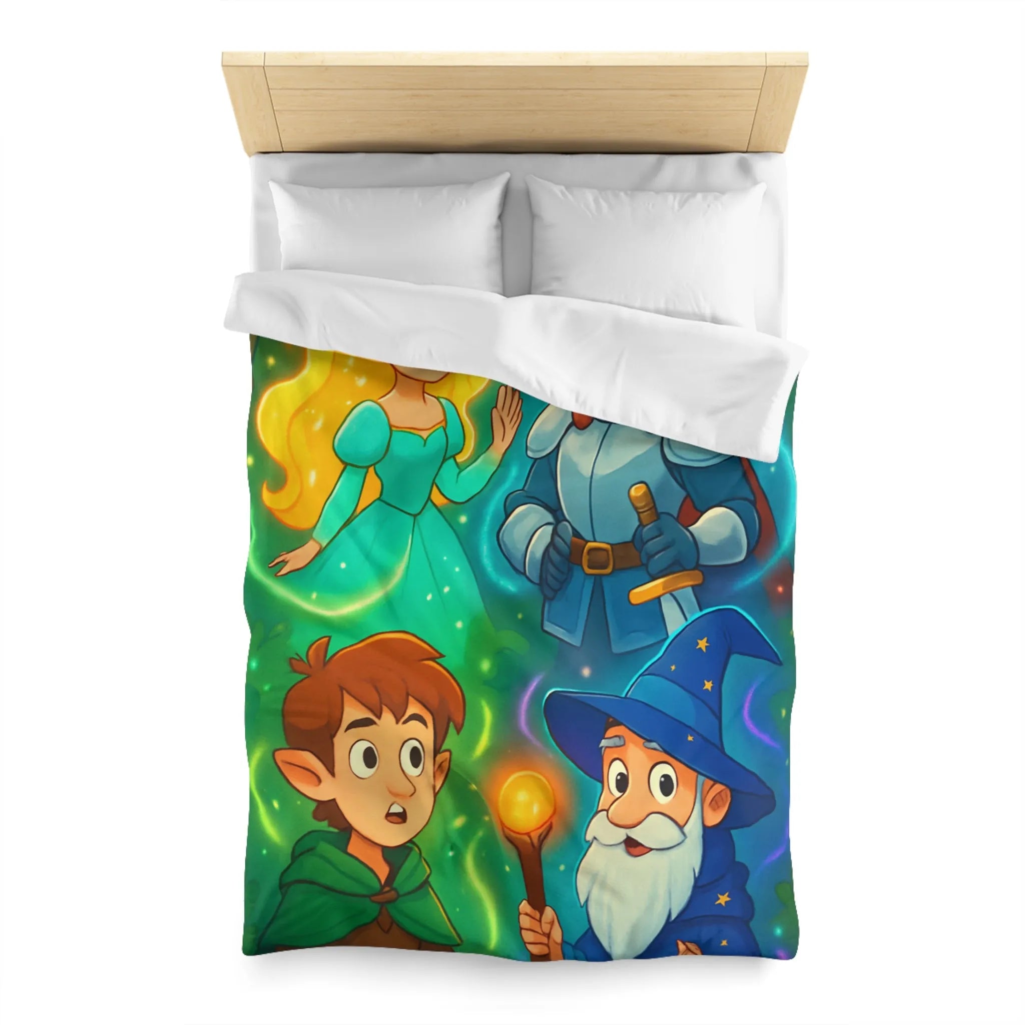 Housse de couette avec chevalier, magicien, princesse et elfes pour chambre enfant