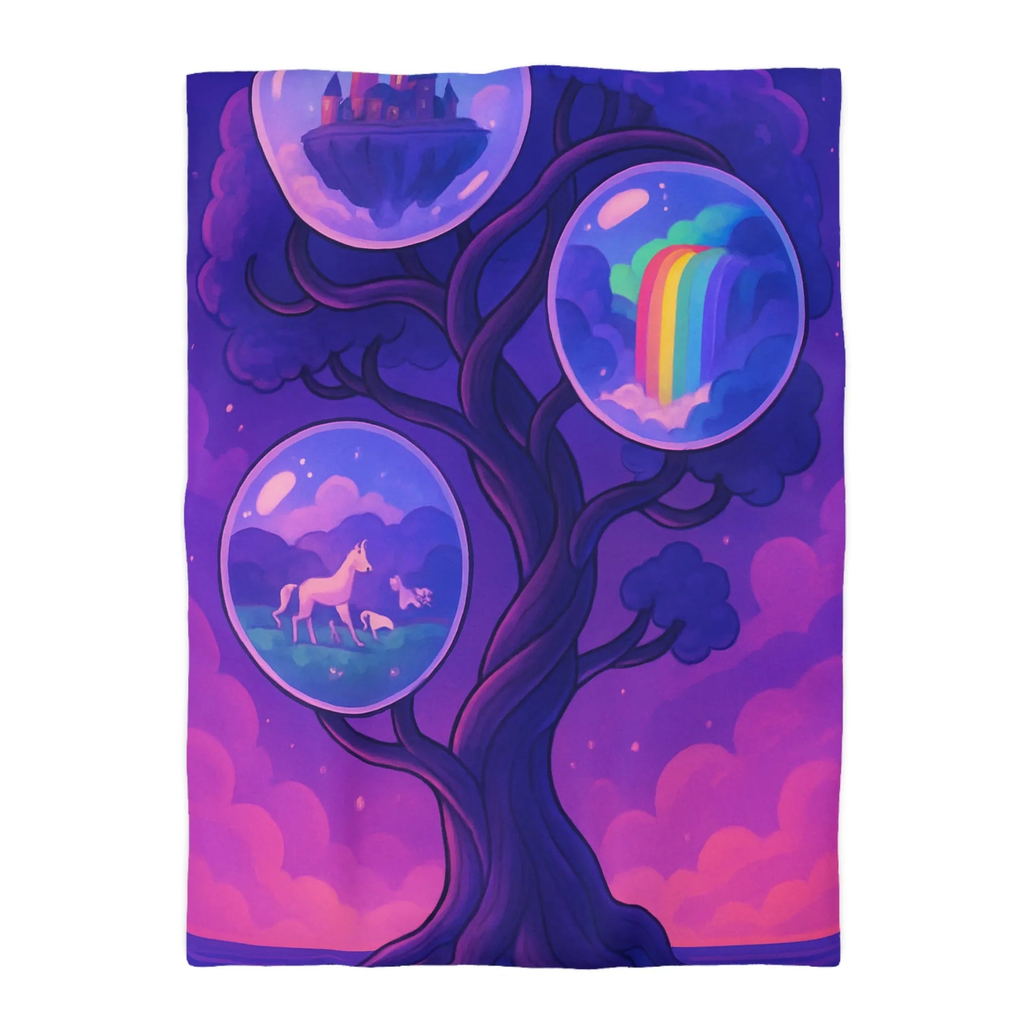 Enchanted Dreamscape Duvet: Mystical Castle, Majestic Unicorn, Vivid Waterfall on Tree