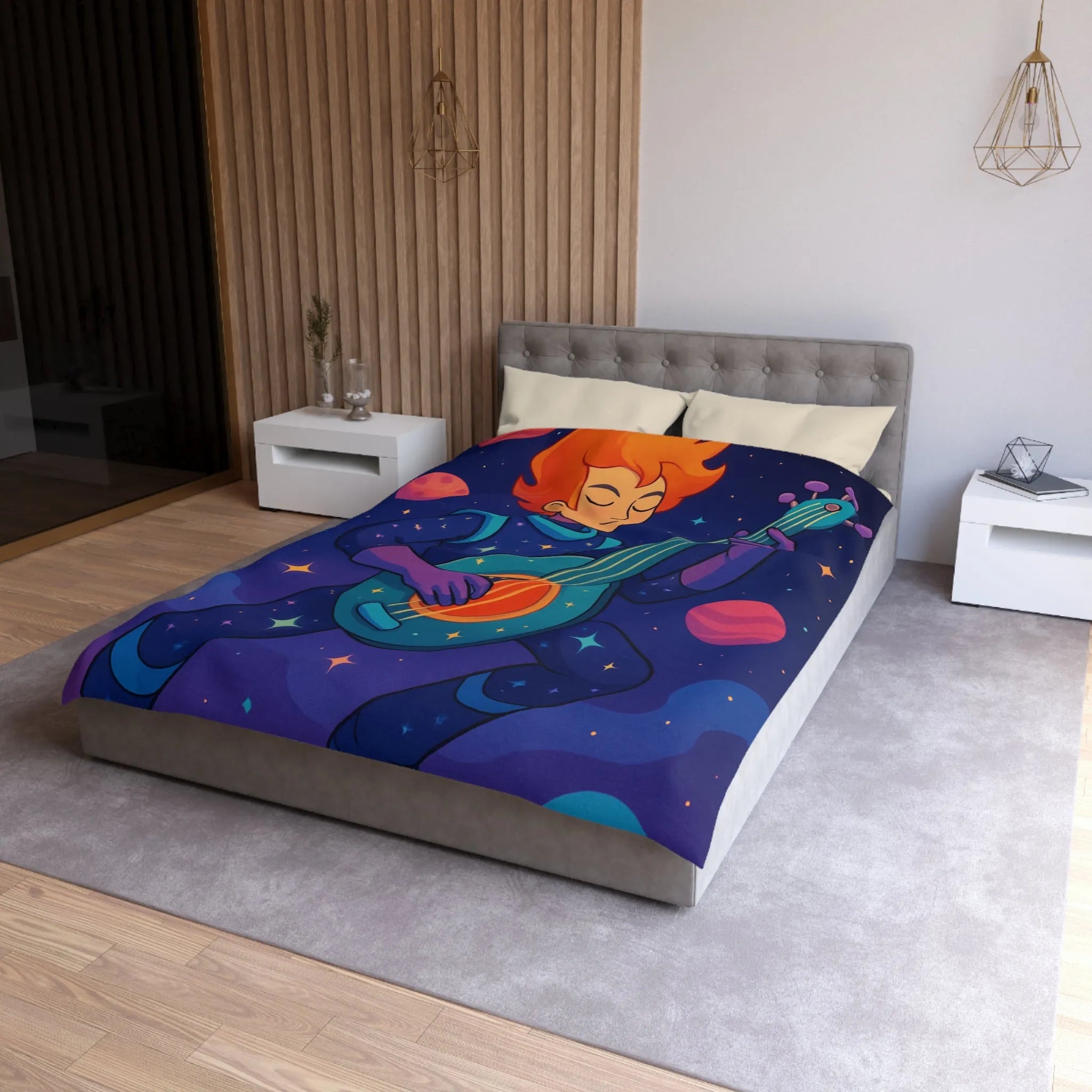 Housse de couette artistique espace avec musicien, planètes et comète colorée