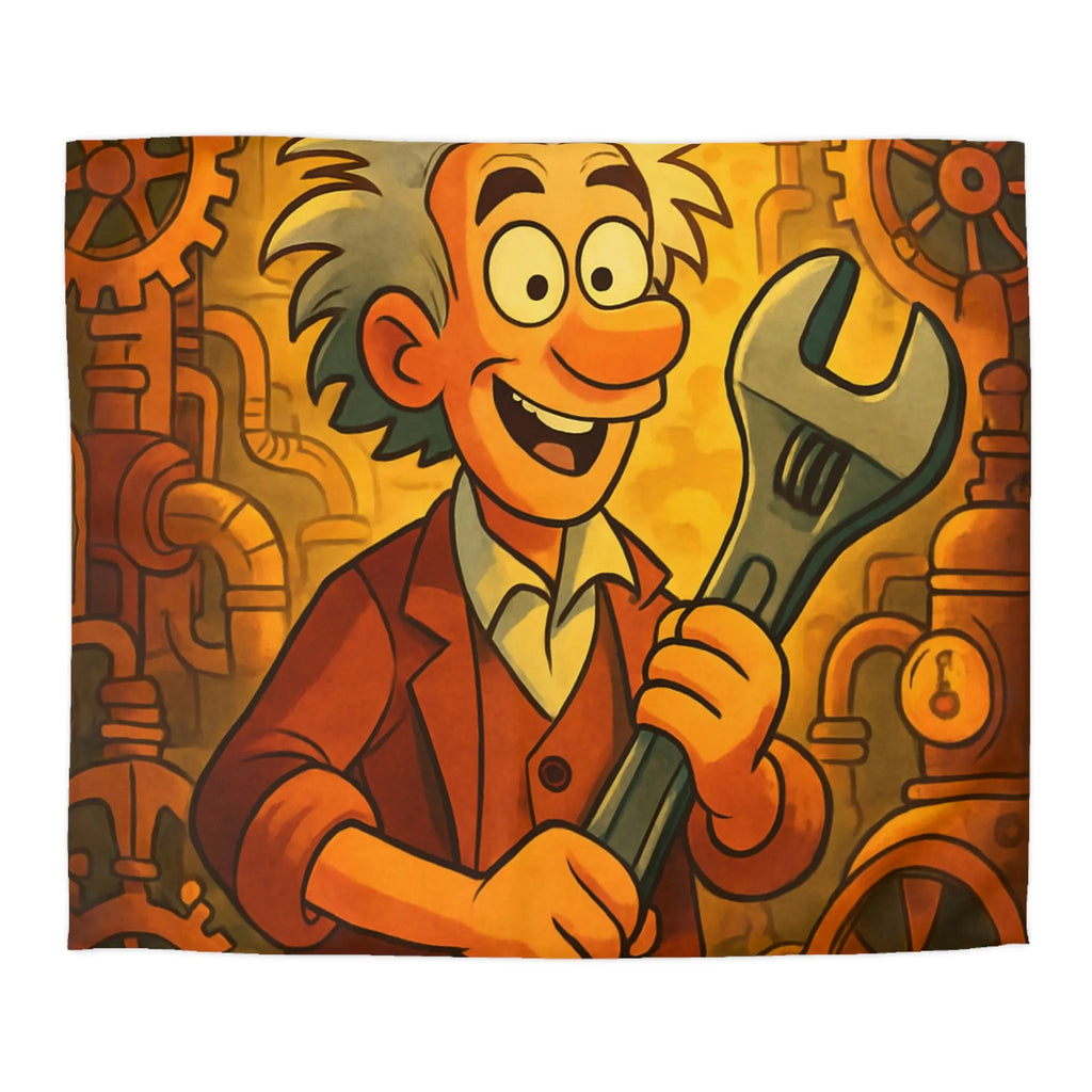 Housse de couette au style rétro avec inventeur animé dans un atelier coloré