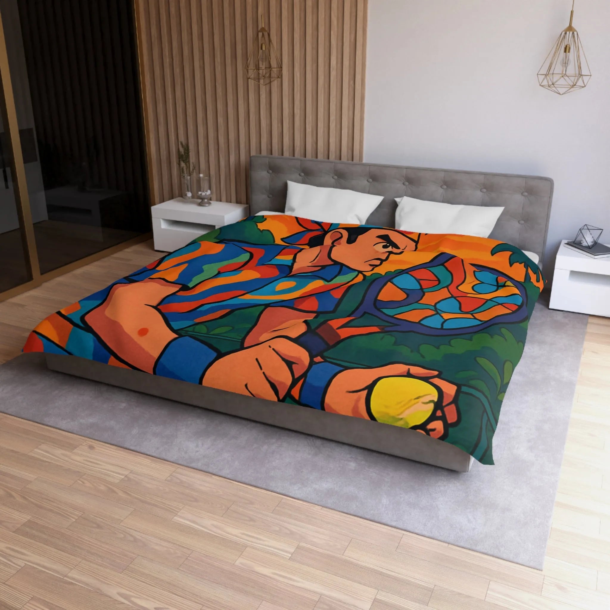 Housse de Couette Colorée Tennis Design Vibrant avec Joueur en Action et Palmiers