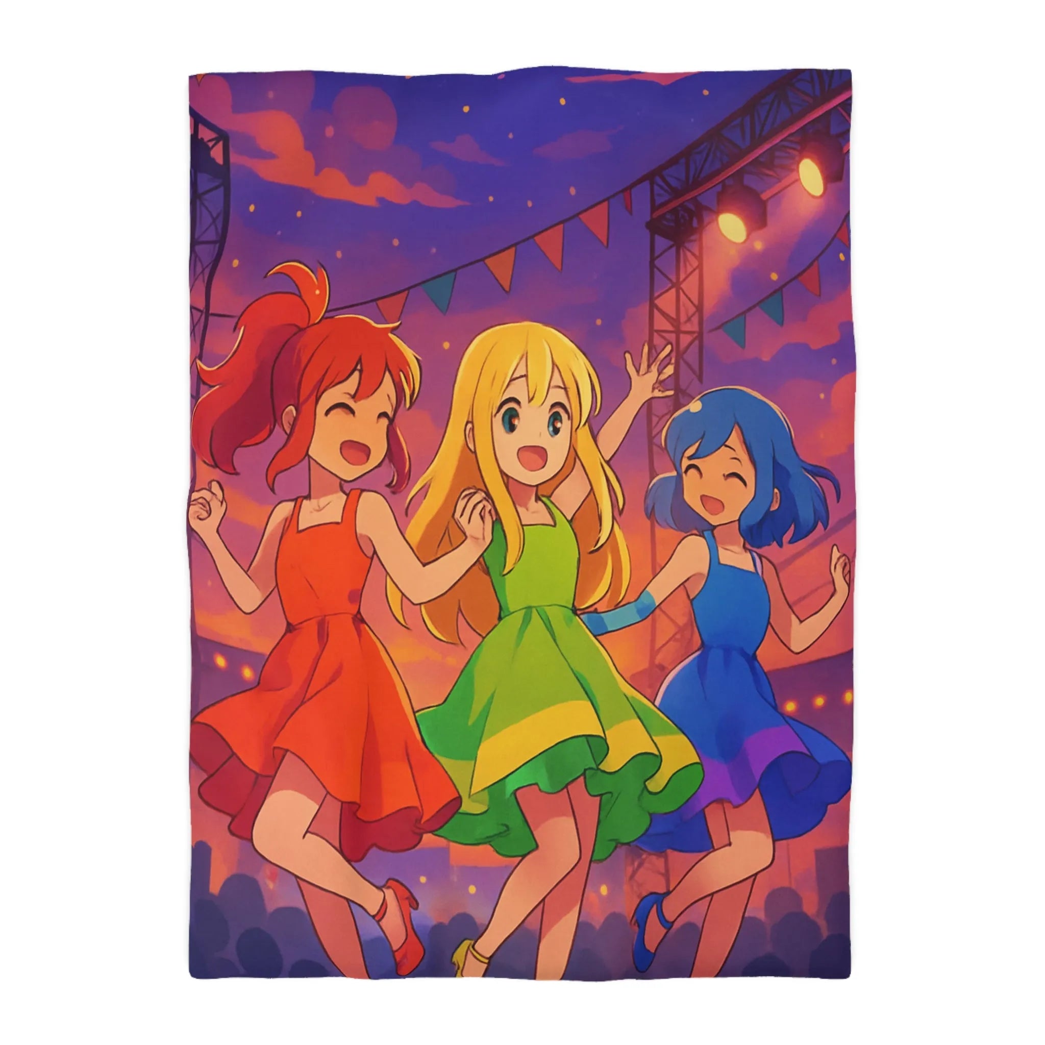 Housse de Couette Colorée avec Trois Amies Dansant sur une Scène Éclairée de Nuit