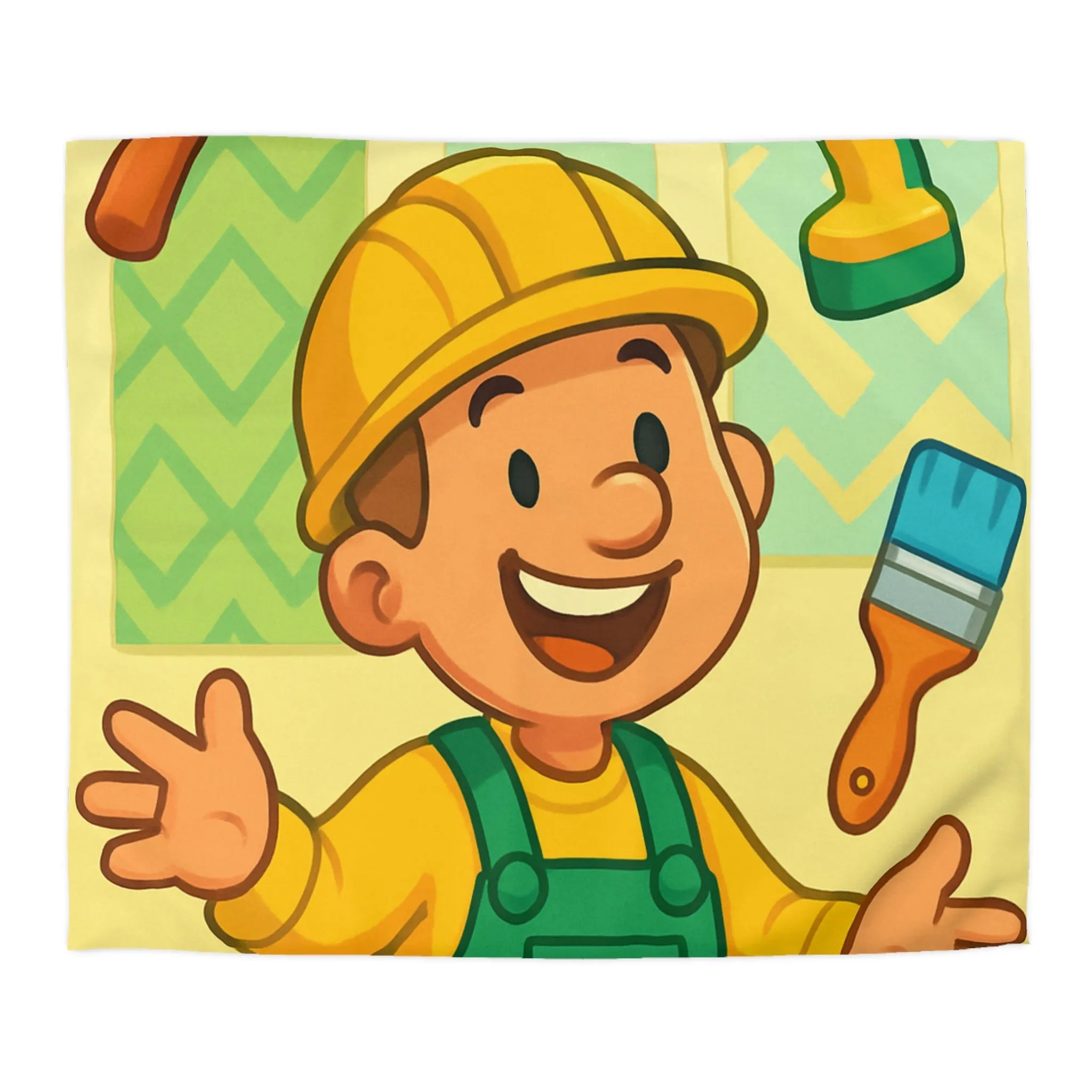 Housse de couette joyeuse pour enfants avec outils de bricolage et personnage souriant