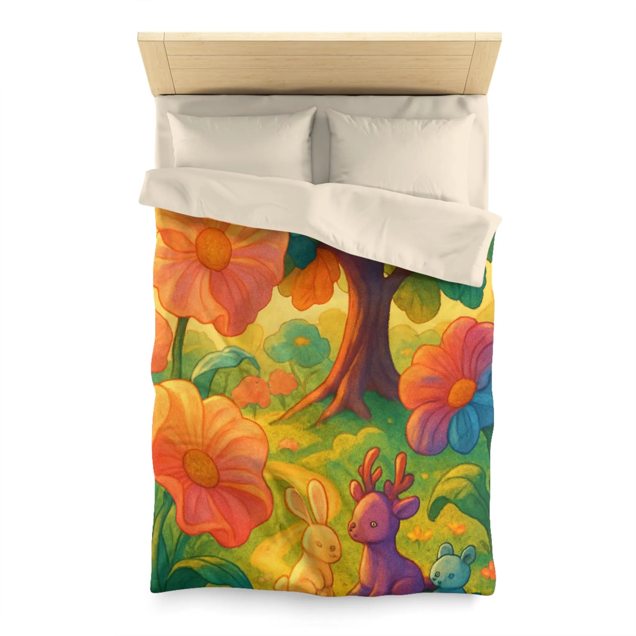 Housse de couette avec animaux mignons et fleurs colorées dans une forêt féerique
