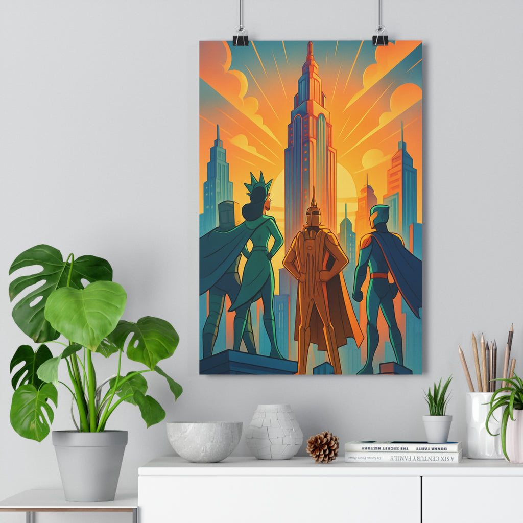 Poster décoratif vibrant superhéros orange bleu cartoon aventure skyline chambre salon design dynamique New