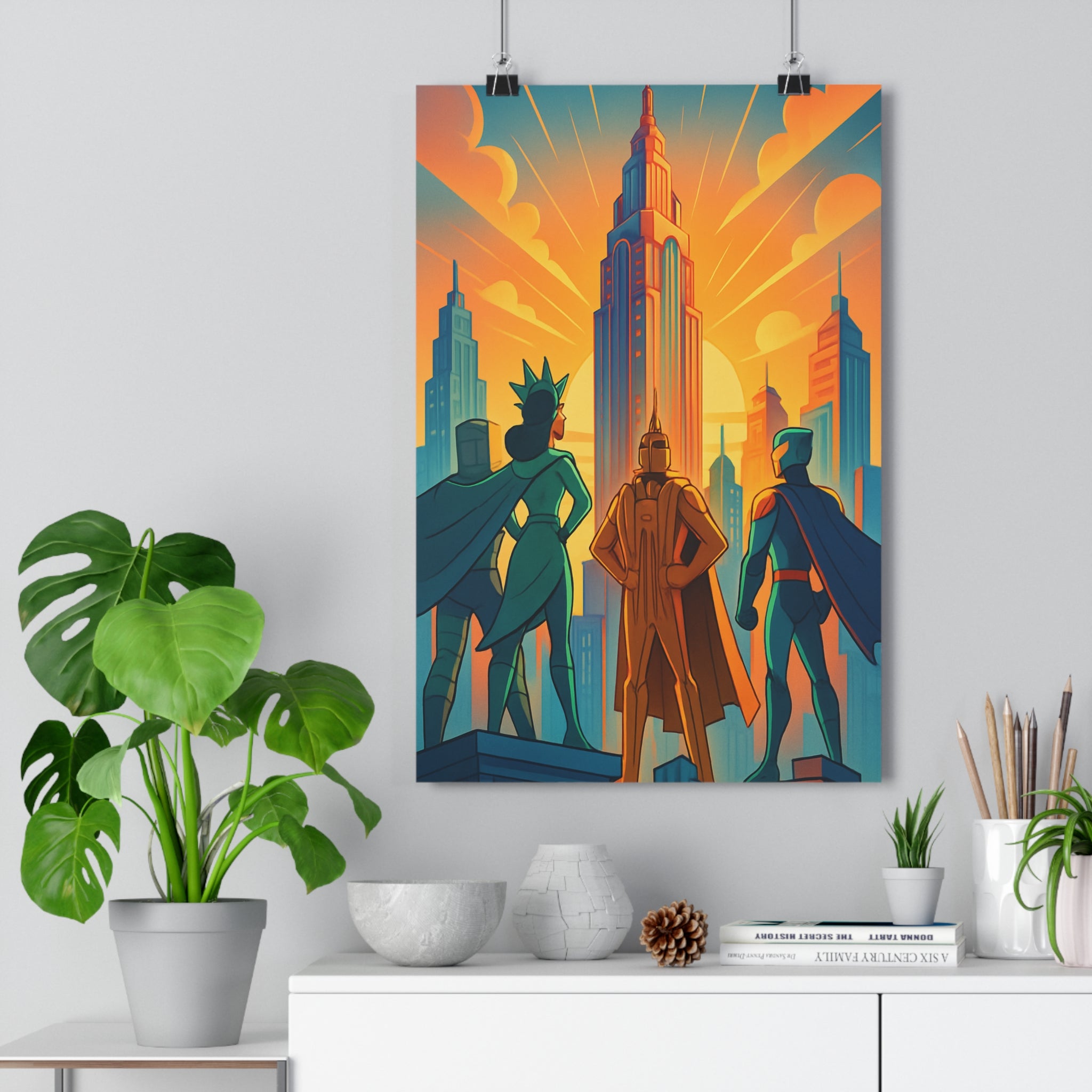 Poster décoratif vibrant superhéros orange bleu cartoon aventure skyline chambre salon design dynamique New