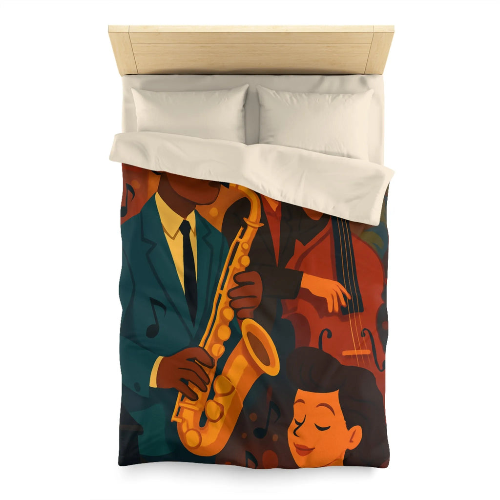 Housse de couette jazz rétro avec musiciens passionnés jouant du saxophone et contrebasse