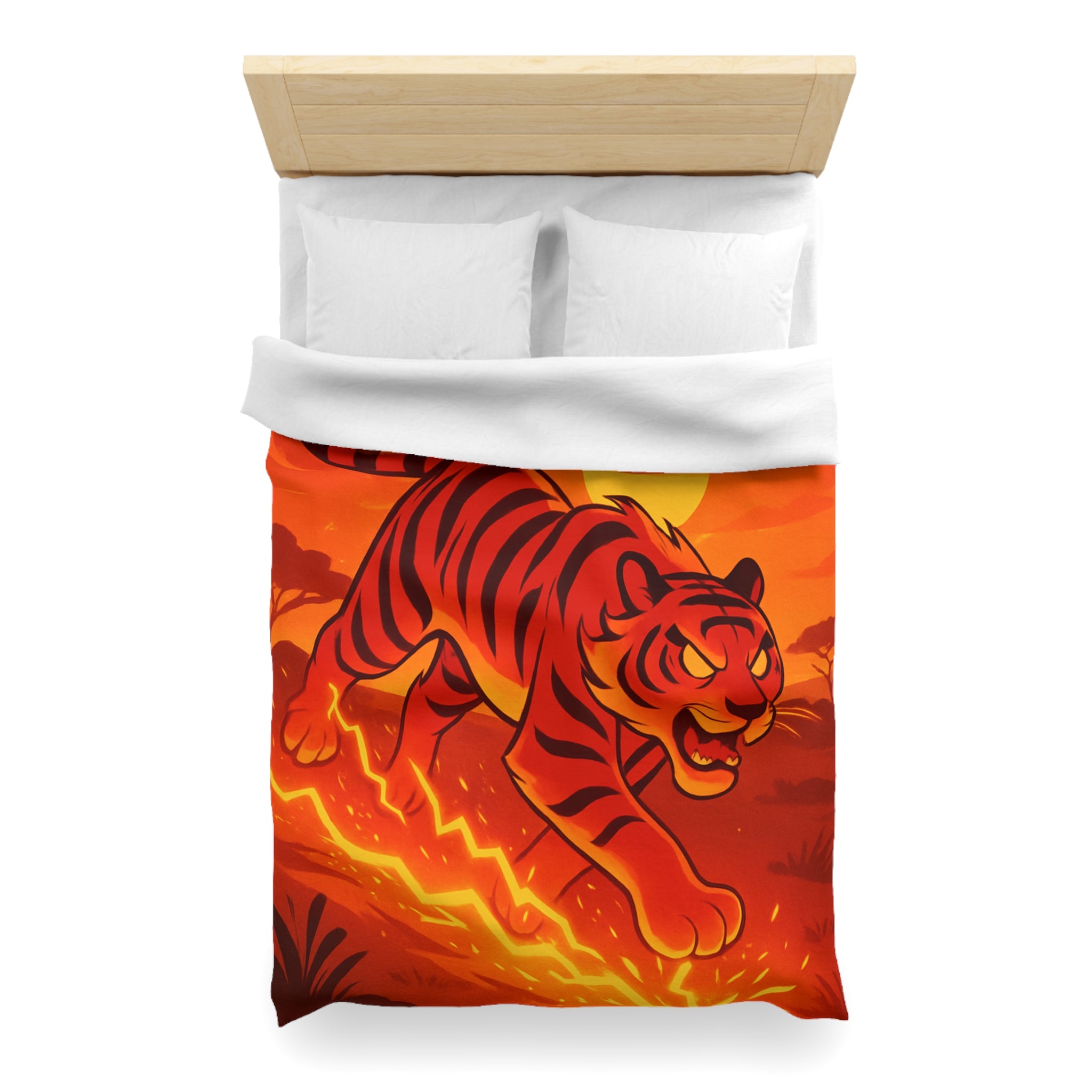 Housse de couette tigre dynamique avec coucher de soleil flamboyant en arrière-plan vibrant