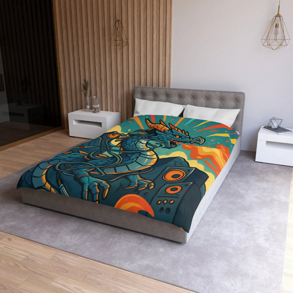 Housse de couette avec dragon fantaisie émettant flammes et musique vibrante rétro