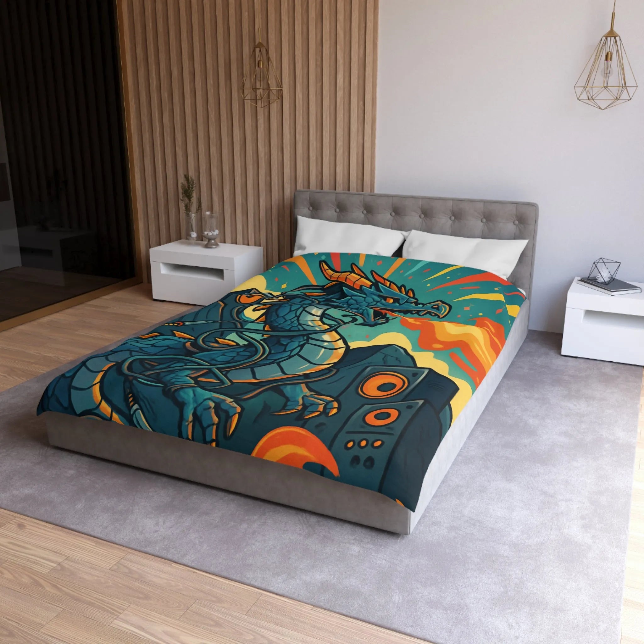 Housse de couette avec dragon fantaisie émettant flammes et musique vibrante rétro