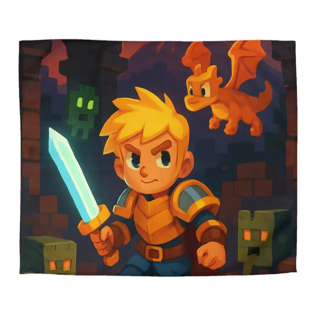 Housse de couette aventure épique avec guerrier, dragon, créatures et volcan en arrière-plan