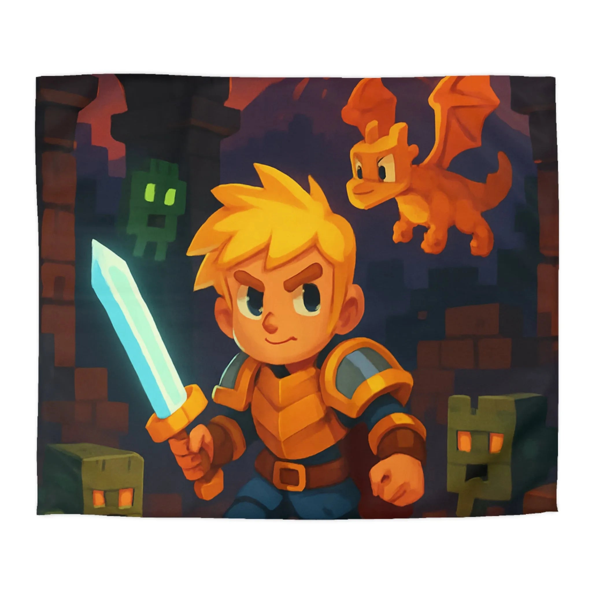 Housse de couette aventure épique avec guerrier, dragon, créatures et volcan en arrière-plan