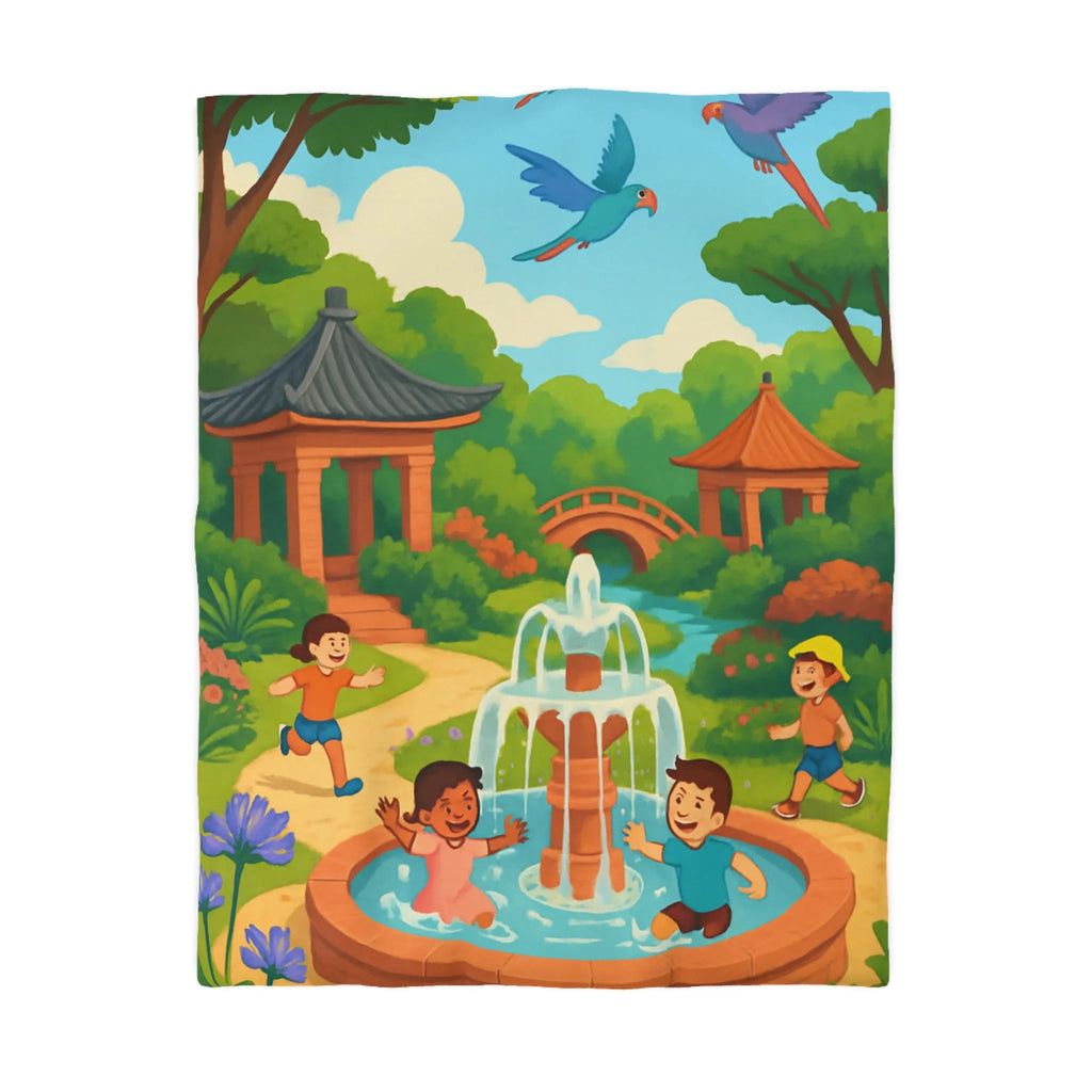 Housse de couette colorée avec enfants jouant autour d'une fontaine joyeuse au parc