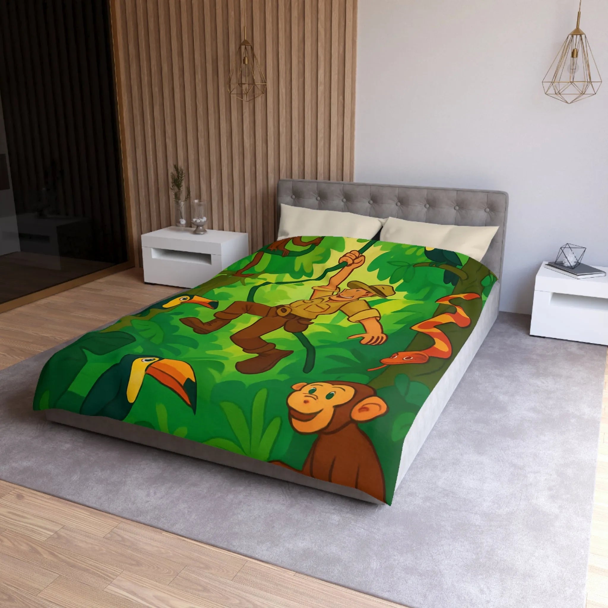 Housse de Couette Jungle Colorée avec Aventurier, Singes et Toucans pour Enfants