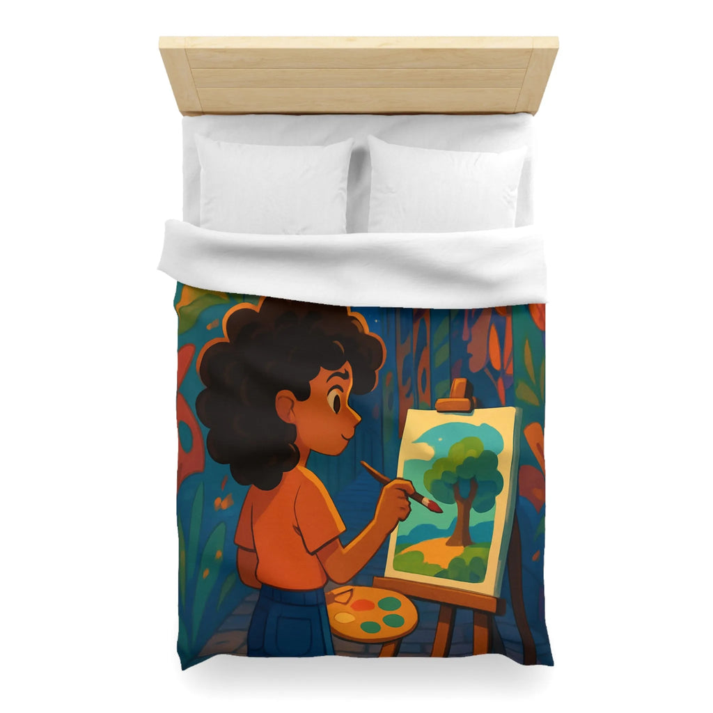 Housse de couette colorée illustrant une ruelle artistique avec peinture et lanterne