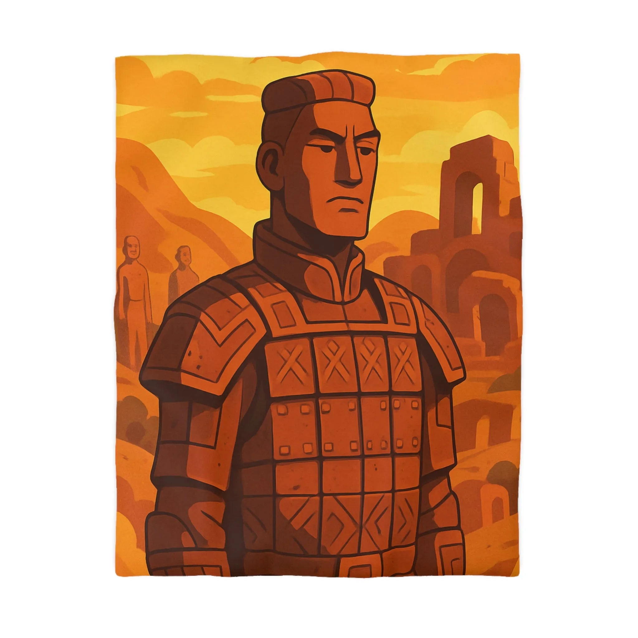 Housse de couette inspirée des guerriers antiques dans un style artistique épuré et vibrant