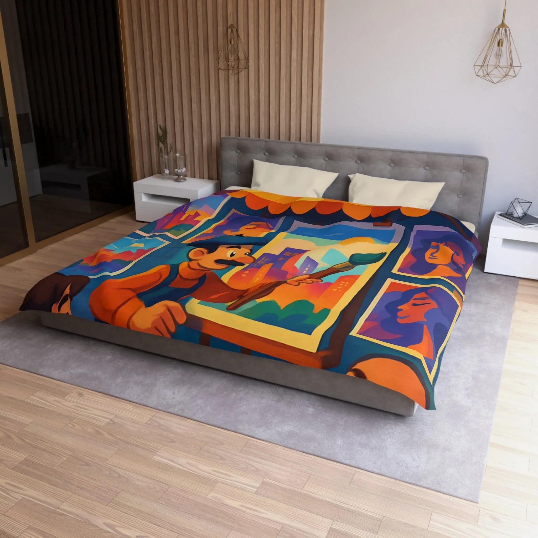 Housse de couette artistique avec scènes de rue vibrantes et peintures colorées