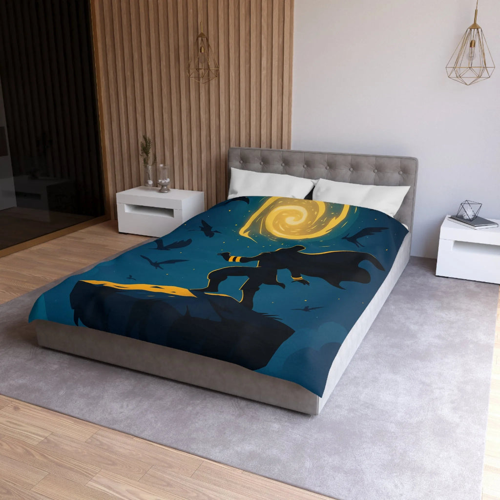 Housse de couette aventure magique, silhouette et spirale dorée dans ciel étoilé