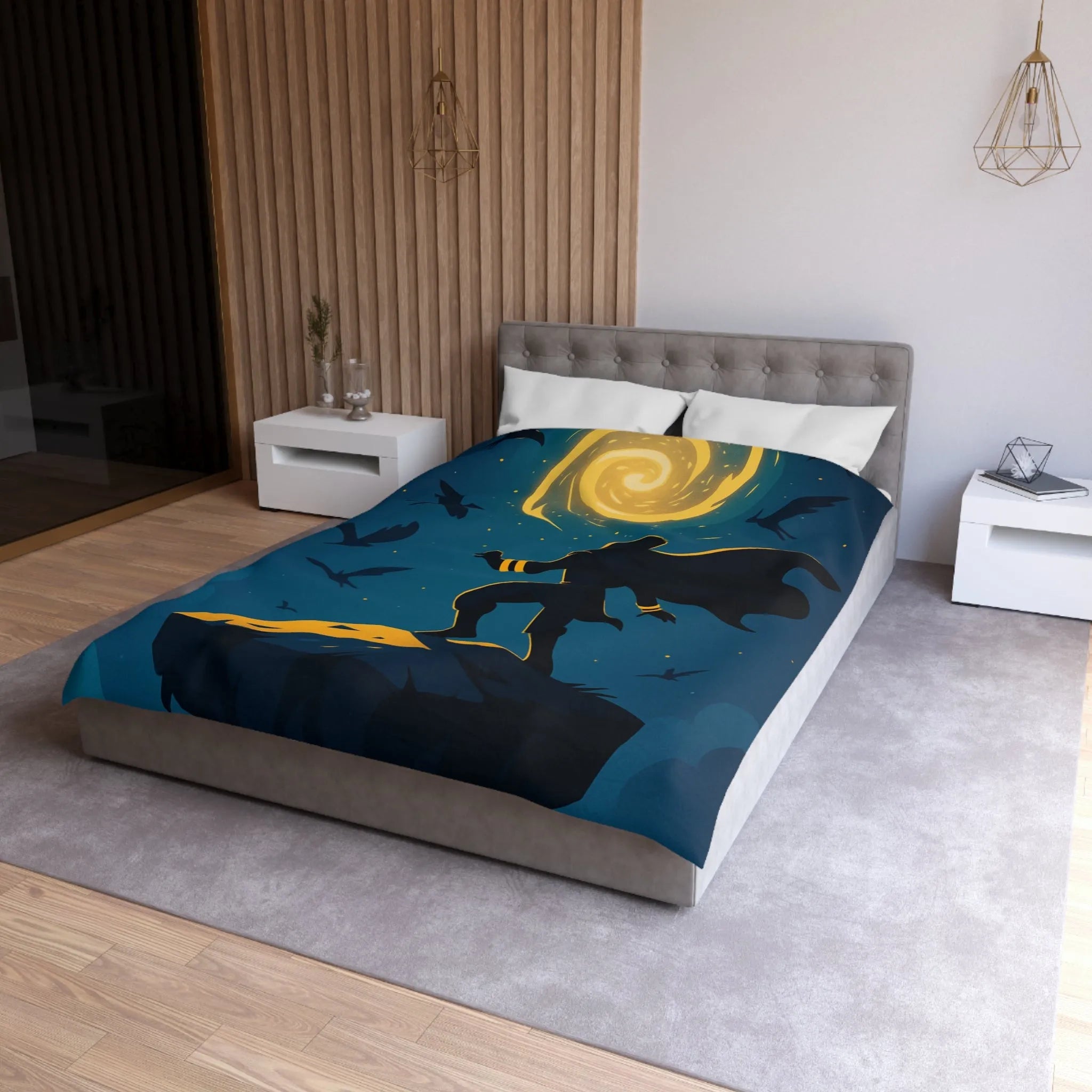 Housse de couette aventure magique, silhouette et spirale dorée dans ciel étoilé
