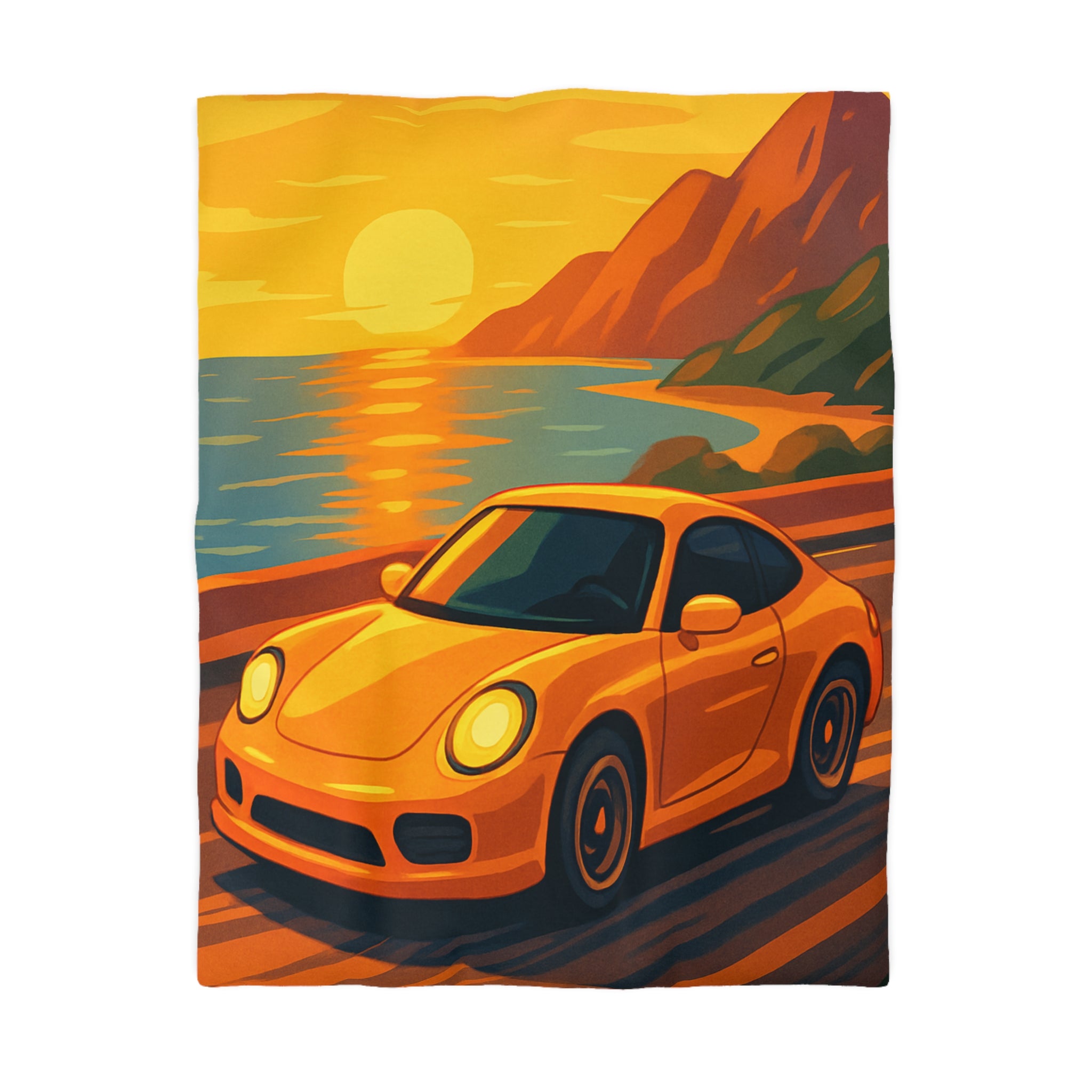 Housse de couette voiture sportive orange route côtière coucher de soleil paysage vibrant