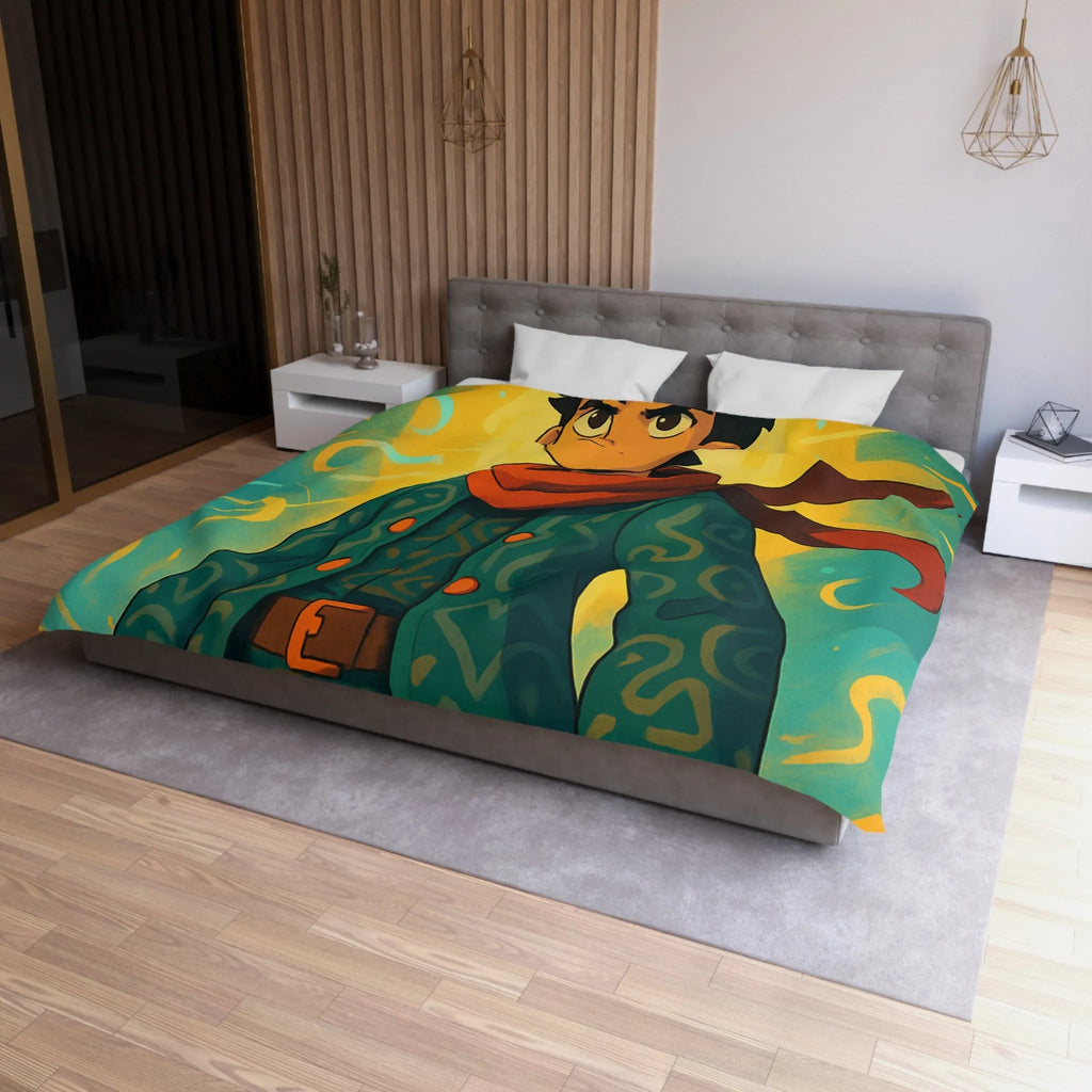 Éclatante illustration magique pour housse de couette avec personnage courageux et motifs abstraits colorés