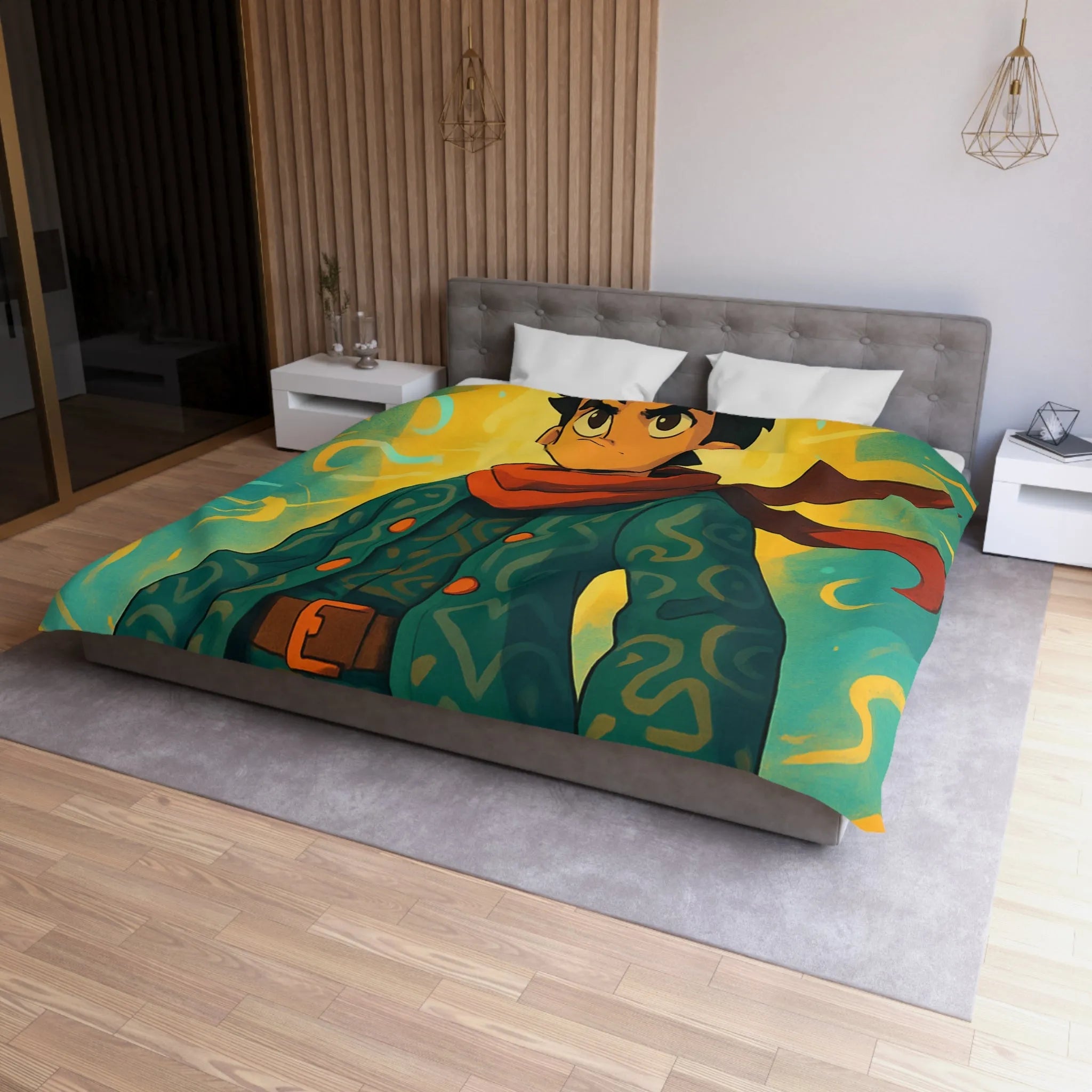 Éclatante illustration magique pour housse de couette avec personnage courageux et motifs abstraits colorés