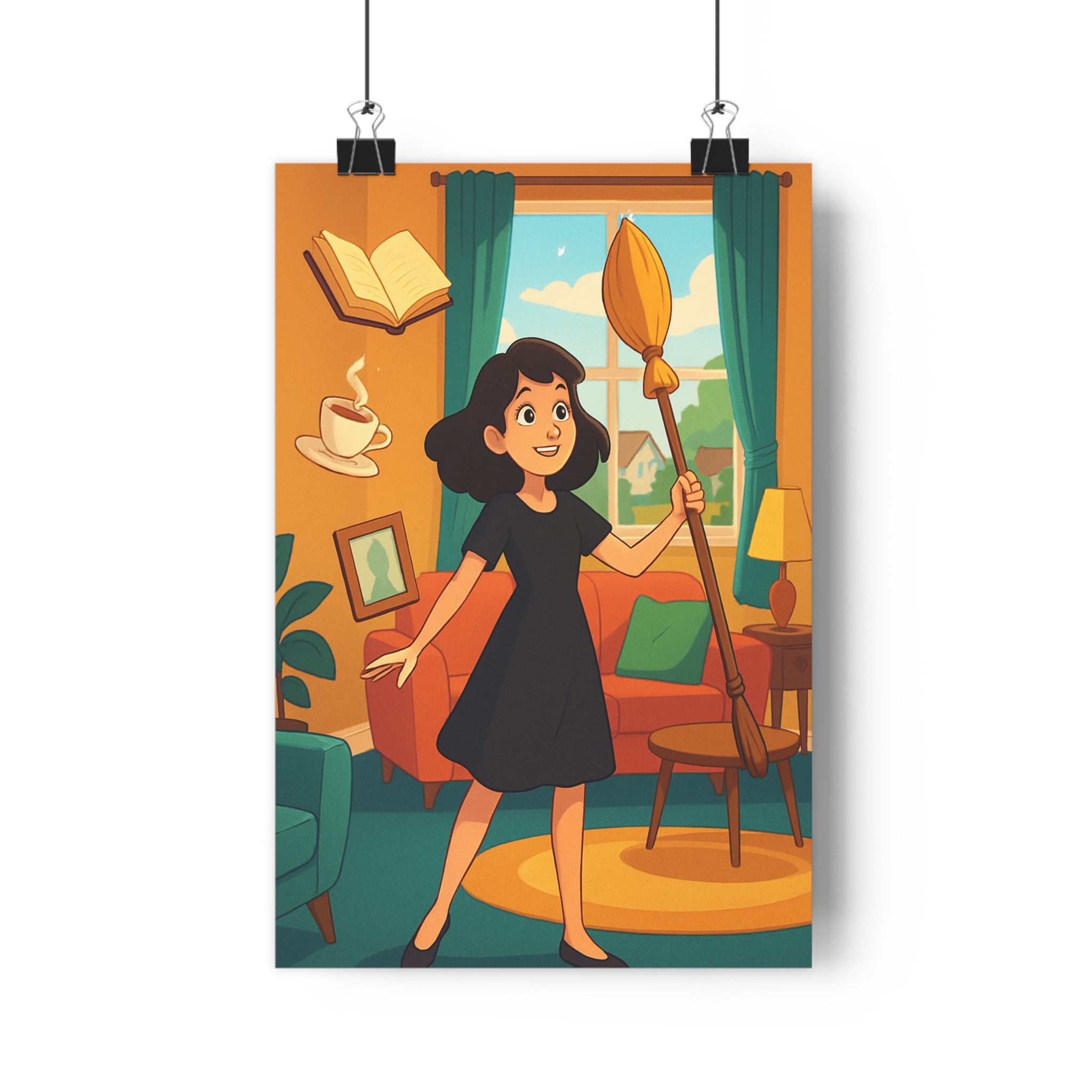 Poster décoratif anime moderne bleu orange joyeux salon chambre femme robe objets flottants 30x46