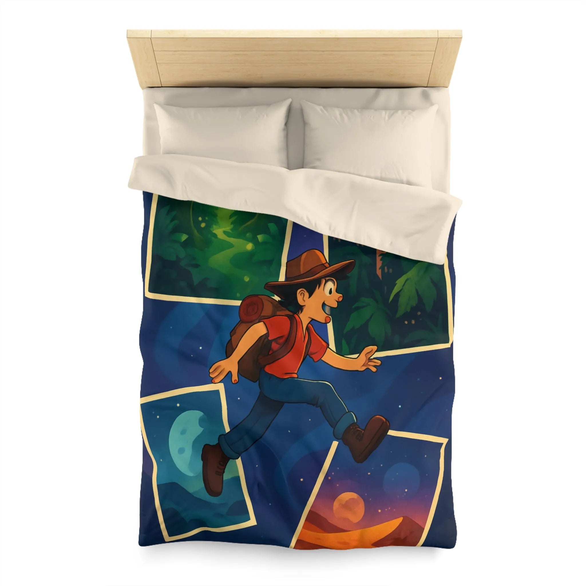 Housse de couette colorée avec illustrations d'aventure forêt, ville, désert, espace