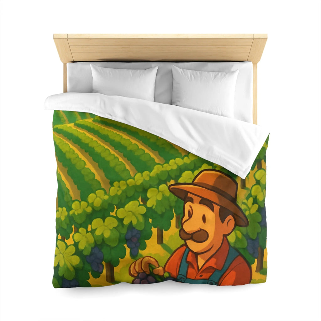 Housse de couette illustration de vendangeur dans un vignoble éclairé par soleil radieux