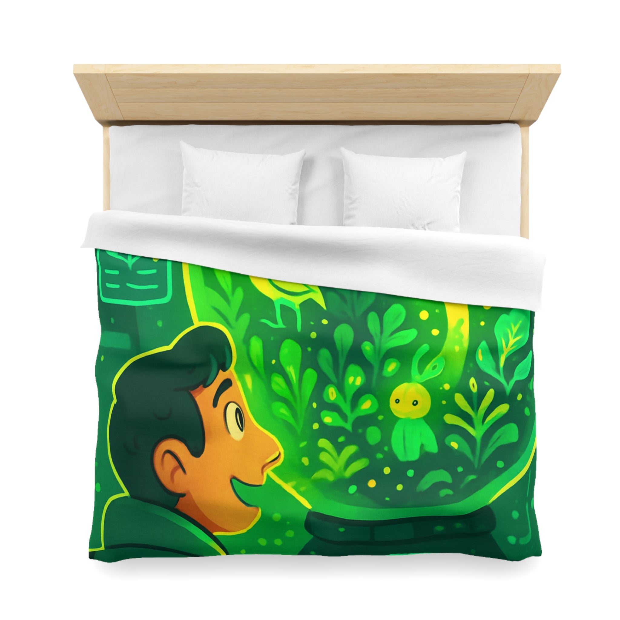 Housse de couette verte forêt magique avec créatures et éléments de laboratoire lumineux