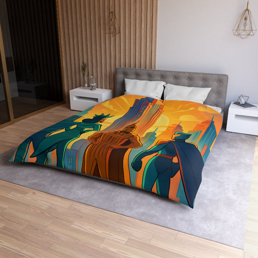 Super-héros courageux contemplant une ville moderne au lever du soleil urbain majestueux