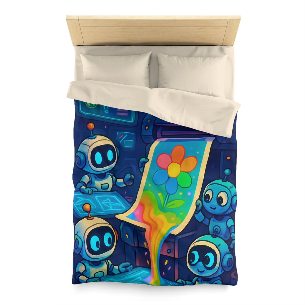 Drôles de robots imprimant une fleur colorée dans un atelier futuriste lumineux