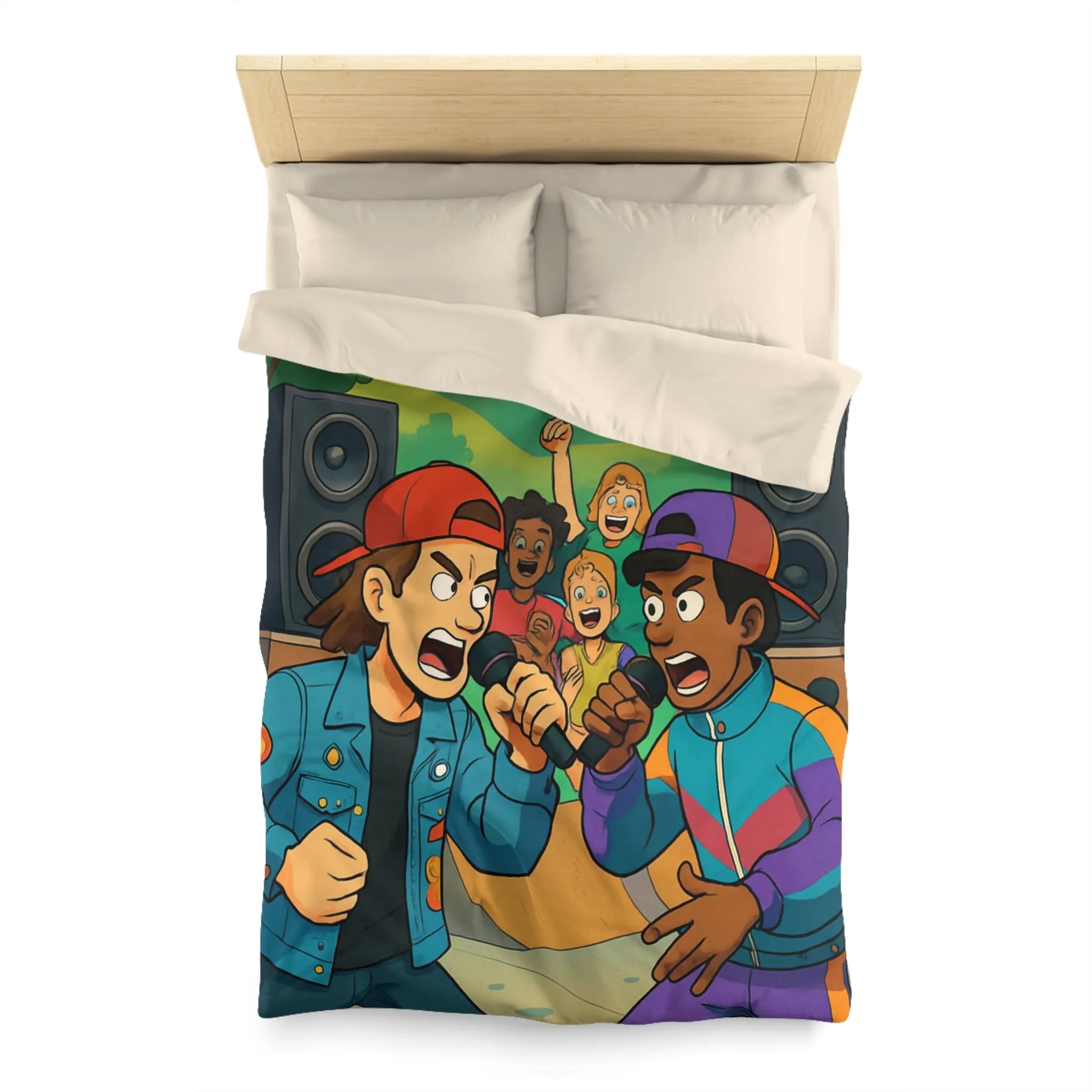 Housse de couette colorée style urbain avec jeunes en compétition de rap animée