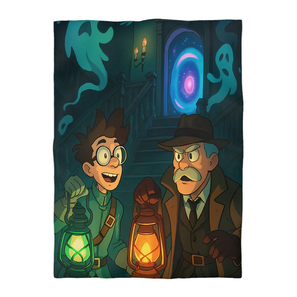 Housse de couette mystère avec lanternes, enquêteurs, fantômes et portail mystérieux
