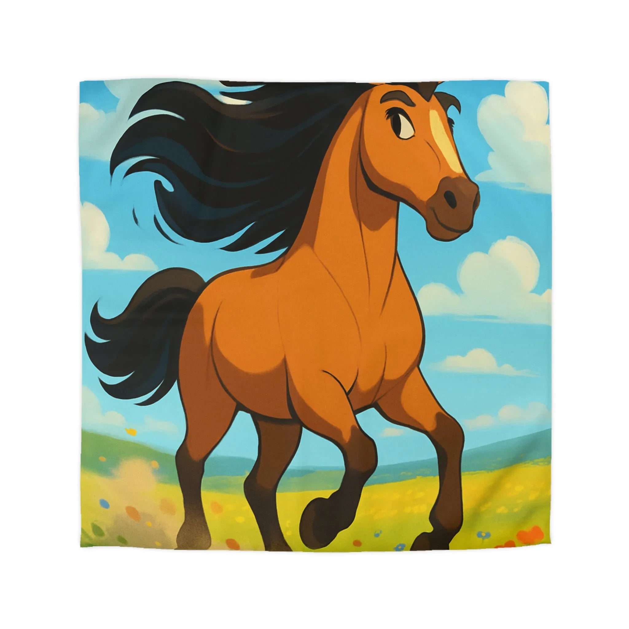 Housse de couette cheval couleur vive, prairie en fleurs, nuages, ciel bleu