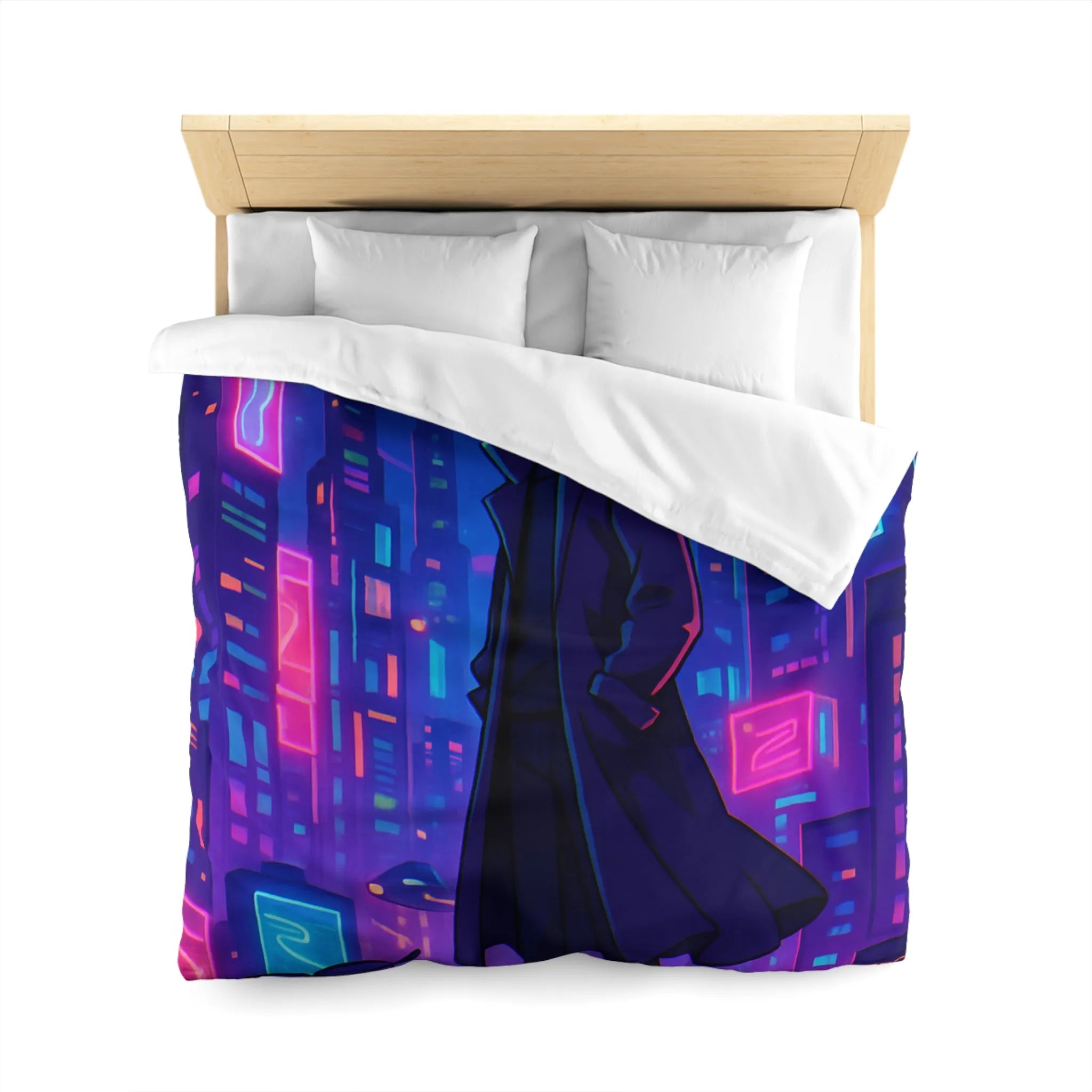 Housse de couette en néon futuriste avec personnage mystérieux et skyline cyberpunk