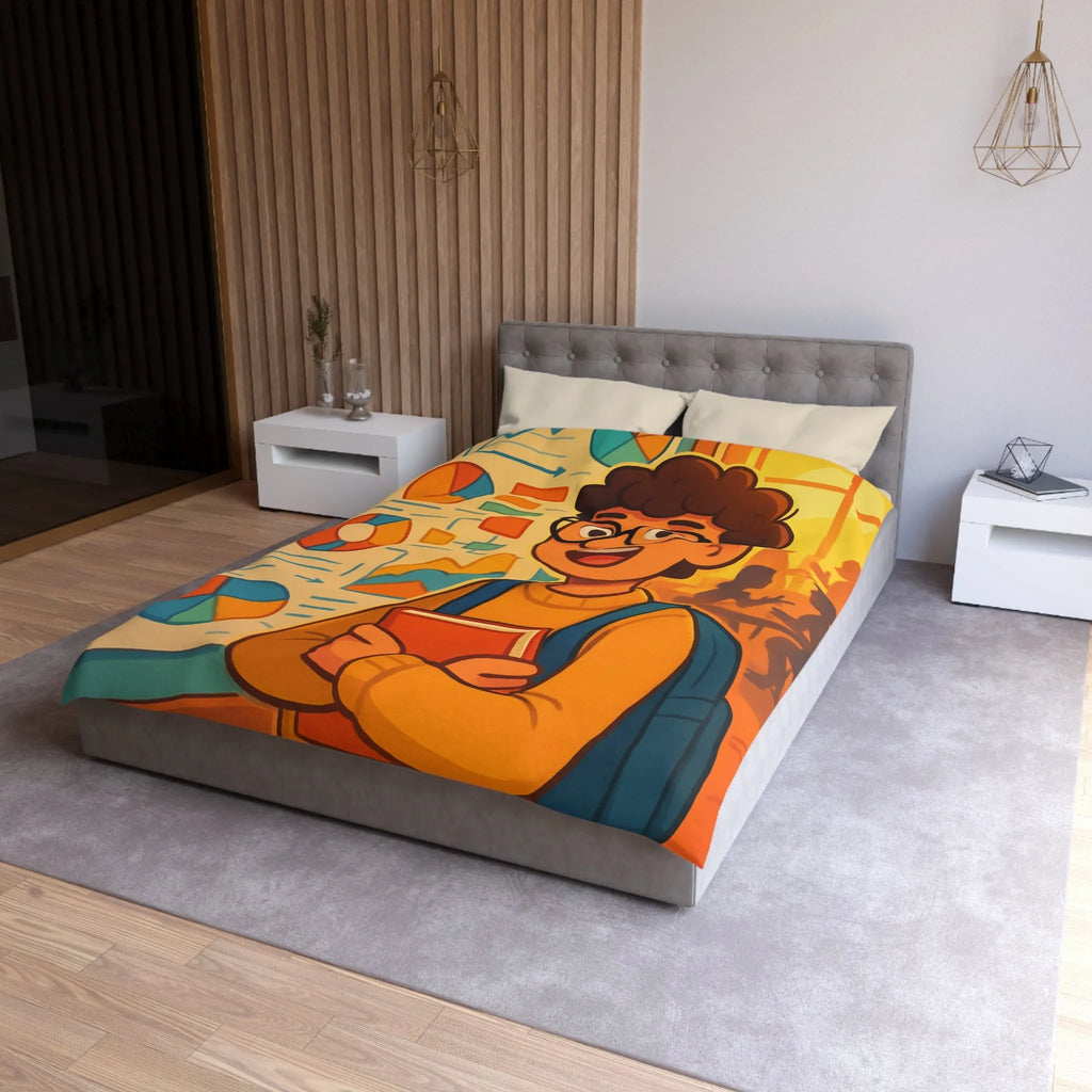 Housse de couette avec motif graphique coloré et personnage étudiant portant lunettes