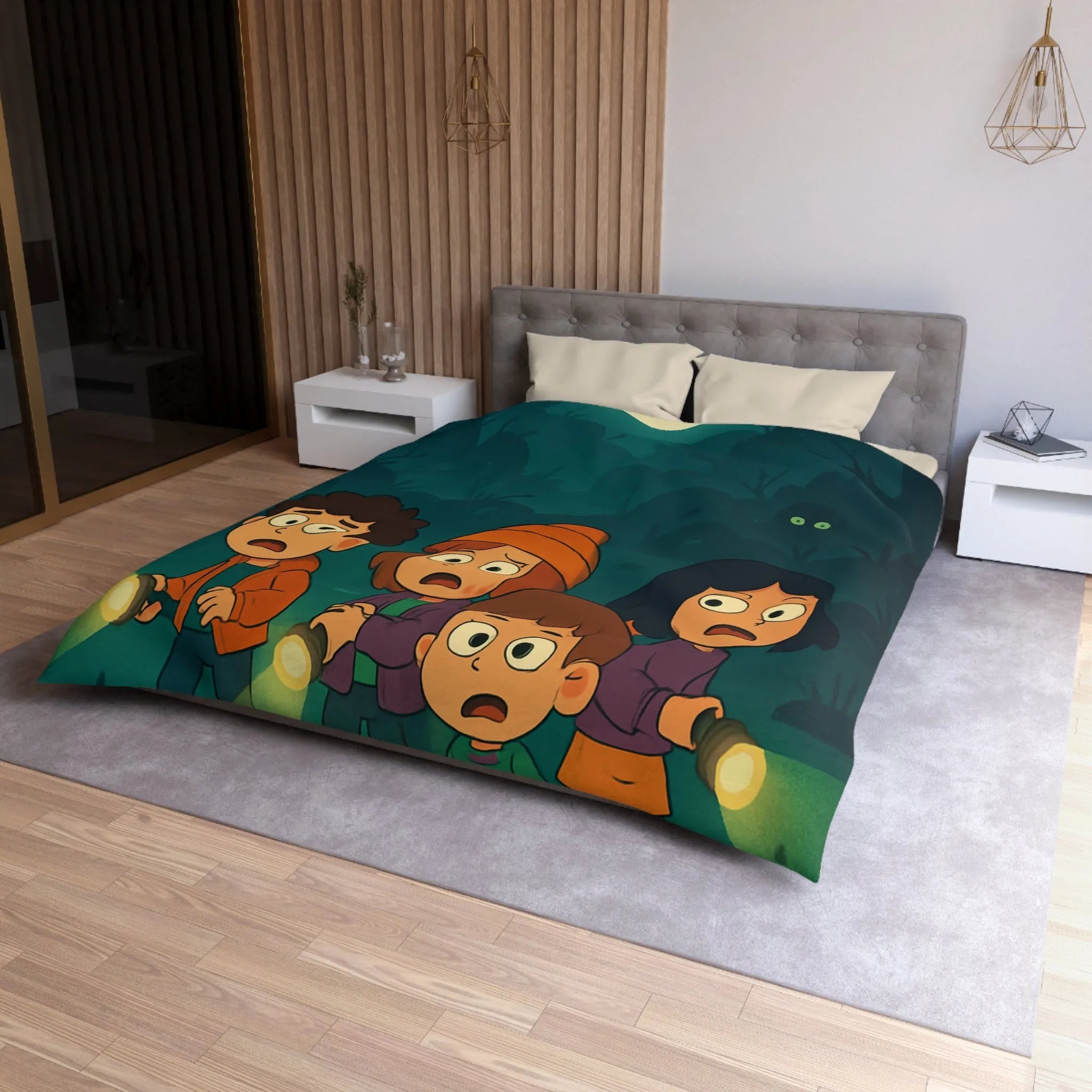 Housse de couette illustrée avec enfants explorant forêt mystérieuse par nuit de pleine lune