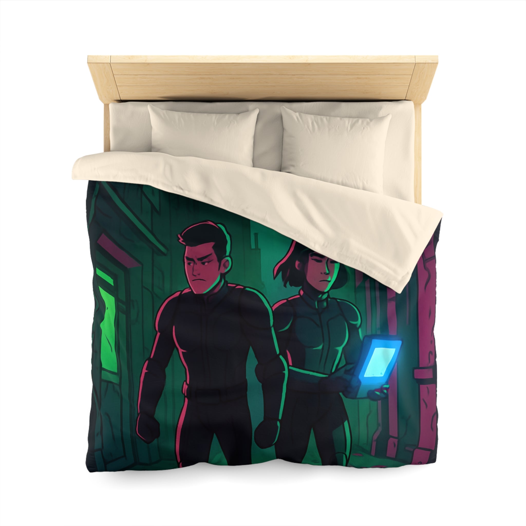 Housse de couette motif espionnage futuriste avec drones dans une ruelle mystérieuse