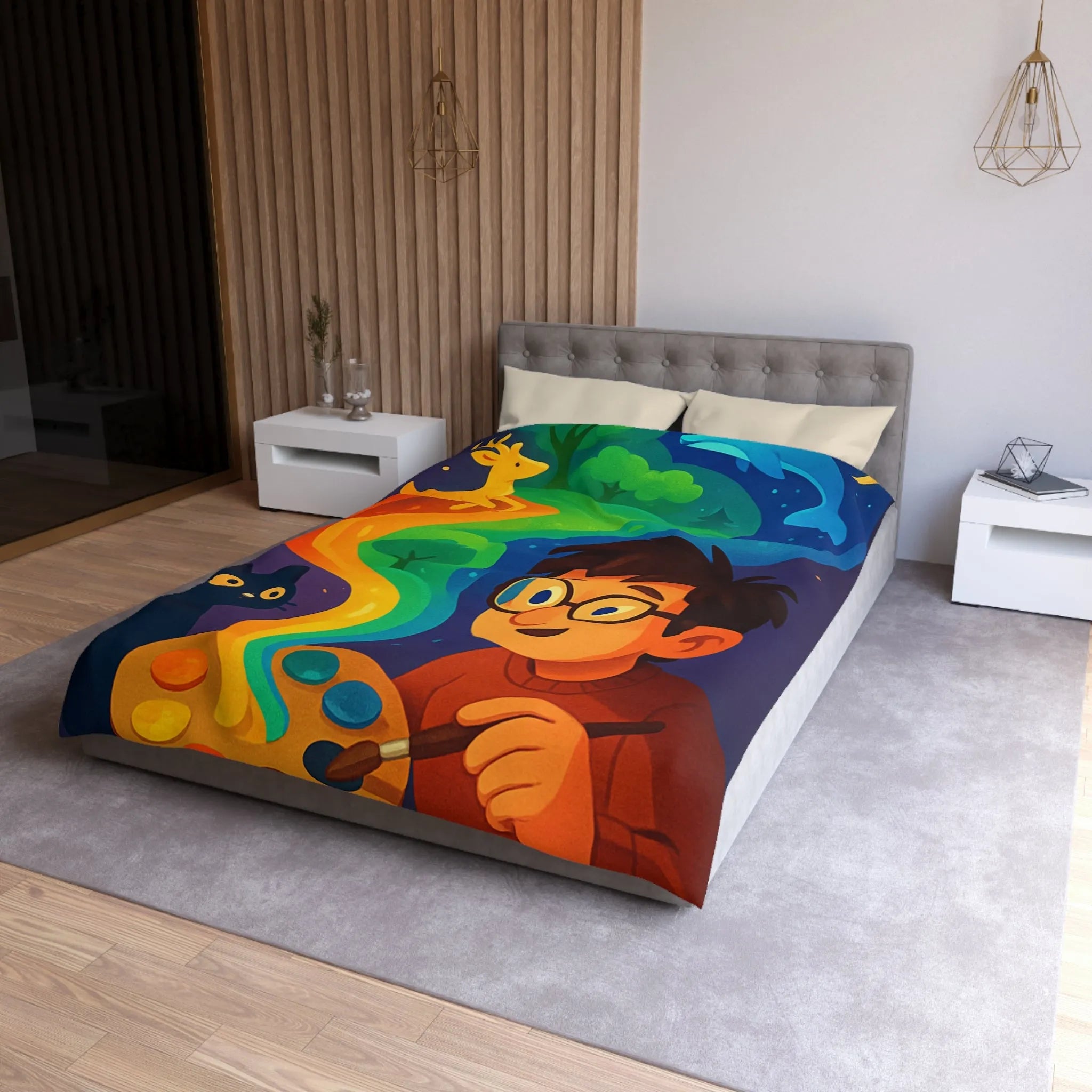 Housse de couette colorée illustrée avec artiste, palette et animaux fantastiques