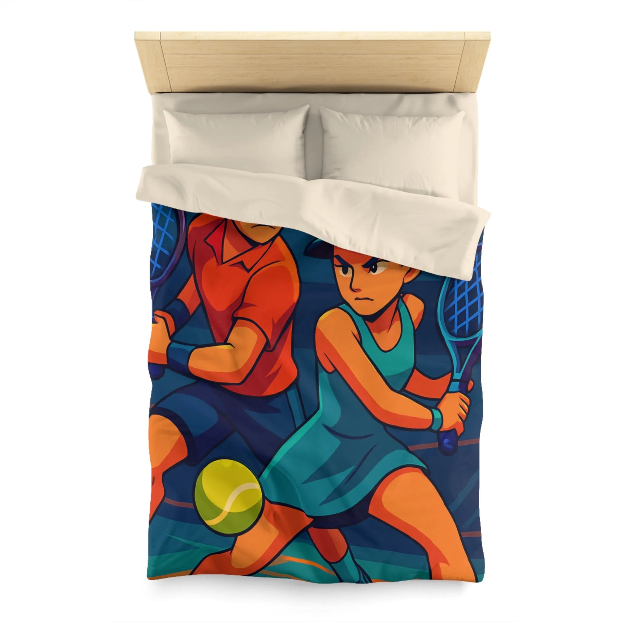 Housse de couette dynamique avec joueurs de tennis en style vectoriel coloré et moderne