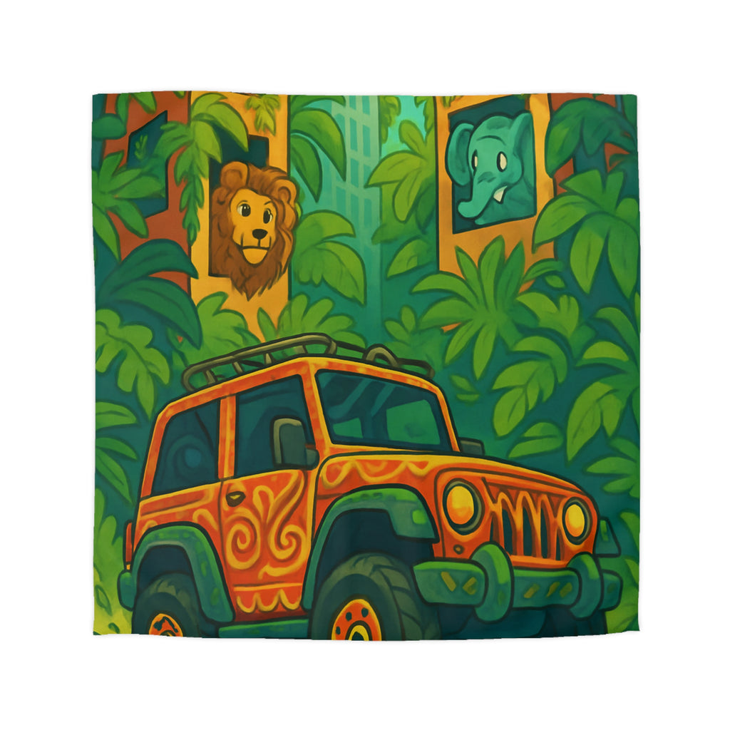 Housse de couette vibrante jungle aventure avec animaux et véhicule tout-terrain colorés